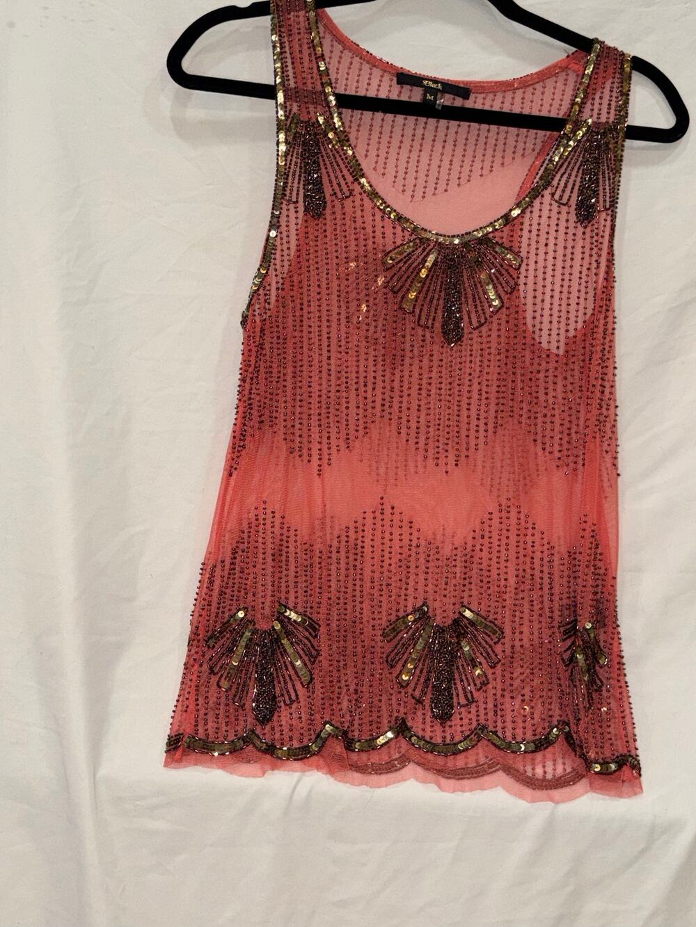 Black Art Deco Beaded Sequin Mesh Tank Top M